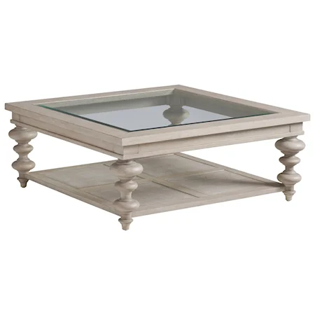 Castlerock Square Glass Top Cocktail Table with Woven Cane Shelf